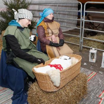 Jouluperhe. Tähti valaisee seimenlasta.